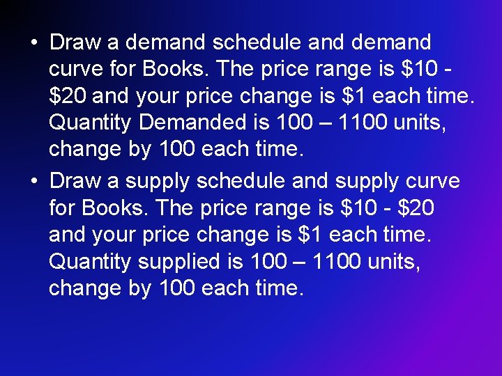  • Draw a demand schedule and demand curve for Books. The price range