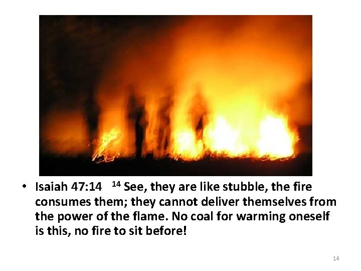  • Isaiah 47: 14 14 See, they are like stubble, the fire consumes