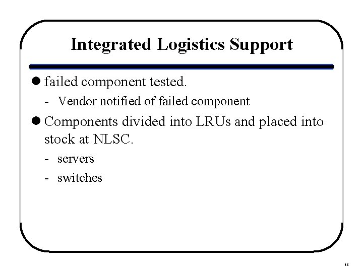 Integrated Logistics Support l failed component tested. - Vendor notified of failed component l