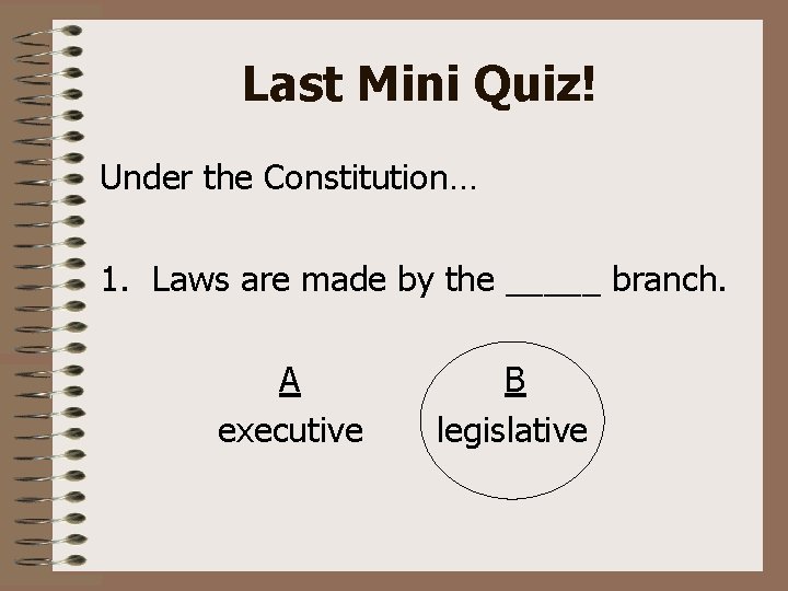 Last Mini Quiz! Under the Constitution… 1. Laws are made by the _____ branch.