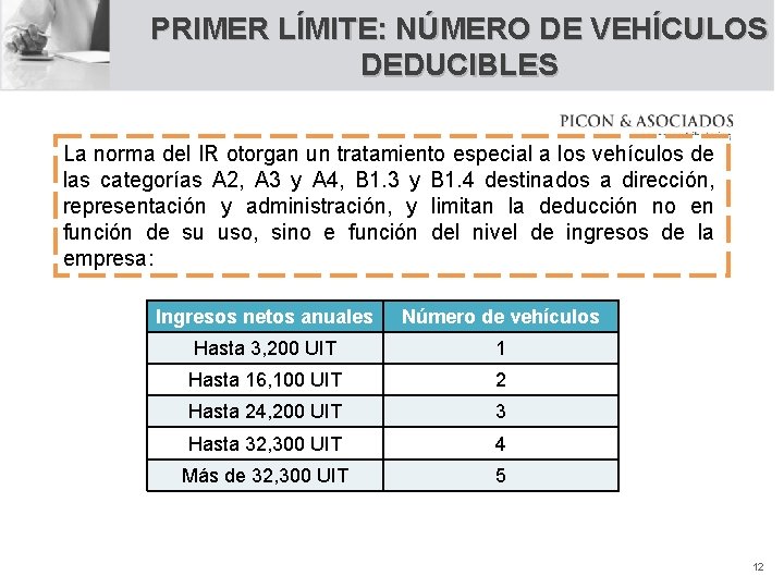 PRIMER LÍMITE: NÚMERO DE VEHÍCULOS DEDUCIBLES La norma del IR otorgan un tratamiento especial