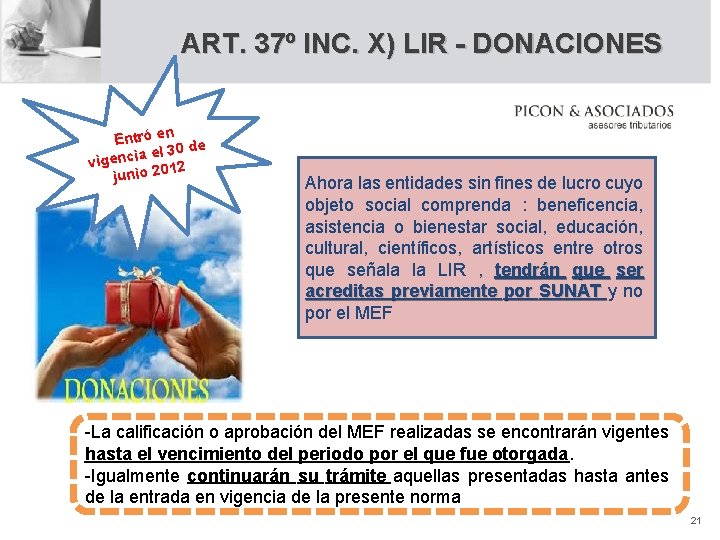 ART. 37º INC. X) LIR - DONACIONES n Entró e l 30 de e