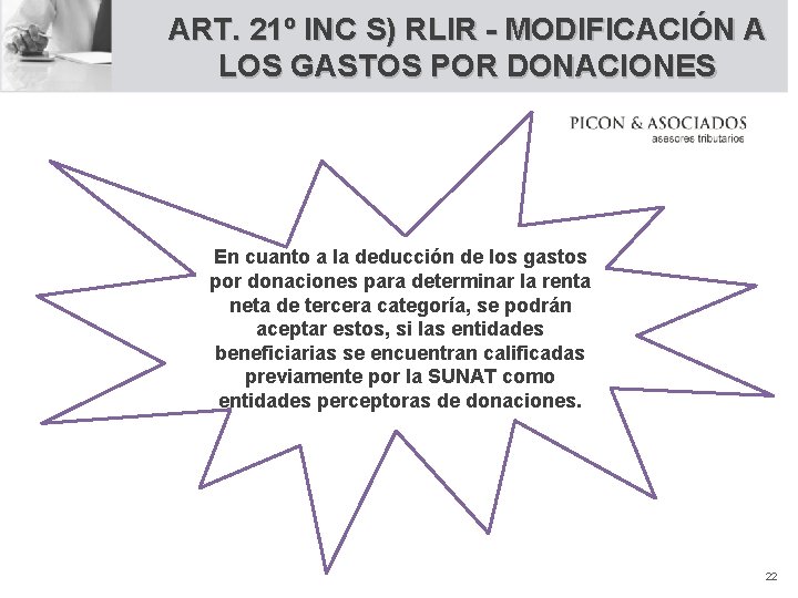 ART. 21º INC S) RLIR - MODIFICACIÓN A LOS GASTOS POR DONACIONES En cuanto