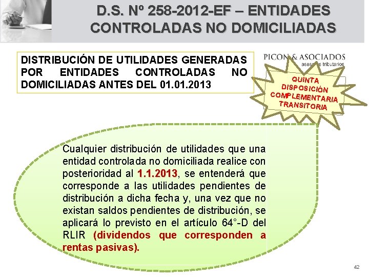 D. S. Nº 258 -2012 -EF – ENTIDADES CONTROLADAS NO DOMICILIADAS DISTRIBUCIÓN DE UTILIDADES