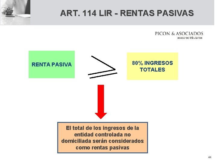 ART. 114 LIR - RENTAS PASIVAS RENTA PASIVA 80% INGRESOS TOTALES El total de