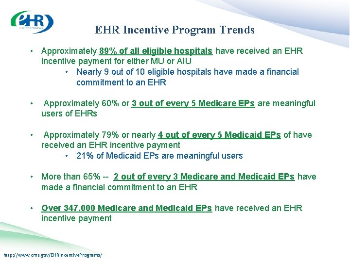 EHR Incentive Program. Trends EHR Incentive Program Trends • Approximately 89% of all eligible