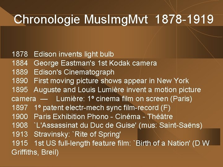 Chronologie Mus. Img. Mvt 1878 -1919 1878 Edison invents light bulb 1884 George Eastman's