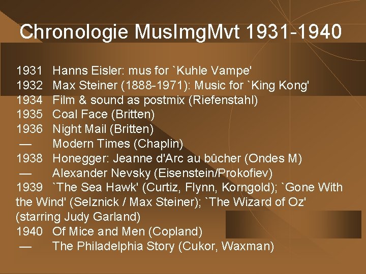 Chronologie Mus. Img. Mvt 1931 -1940 1931 Hanns Eisler: mus for `Kuhle Vampe' 1932
