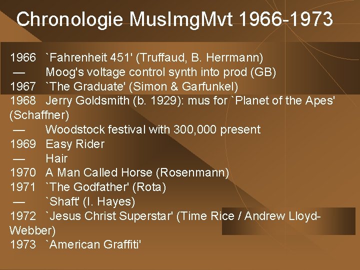 Chronologie Mus. Img. Mvt 1966 -1973 1966 `Fahrenheit 451' (Truffaud, B. Herrmann) — Moog's Chronologie Mus. Img. Mvt 1966 -1973 1966 `Fahrenheit 451' (Truffaud, B. Herrmann) — Moog's