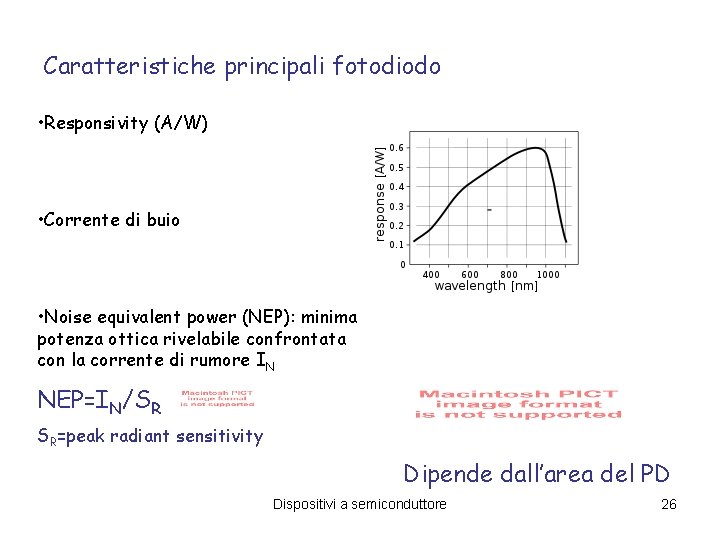 Caratteristiche principali fotodiodo • Responsivity (A/W) • Corrente di buio • Noise equivalent power Caratteristiche principali fotodiodo • Responsivity (A/W) • Corrente di buio • Noise equivalent power
