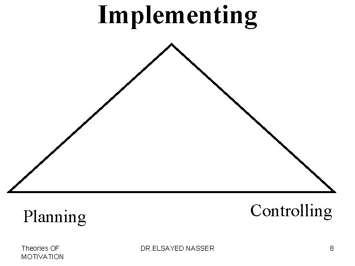 Implementing Controlling Planning Theories OF MOTIVATION DR. ELSAYED NASSER 8 