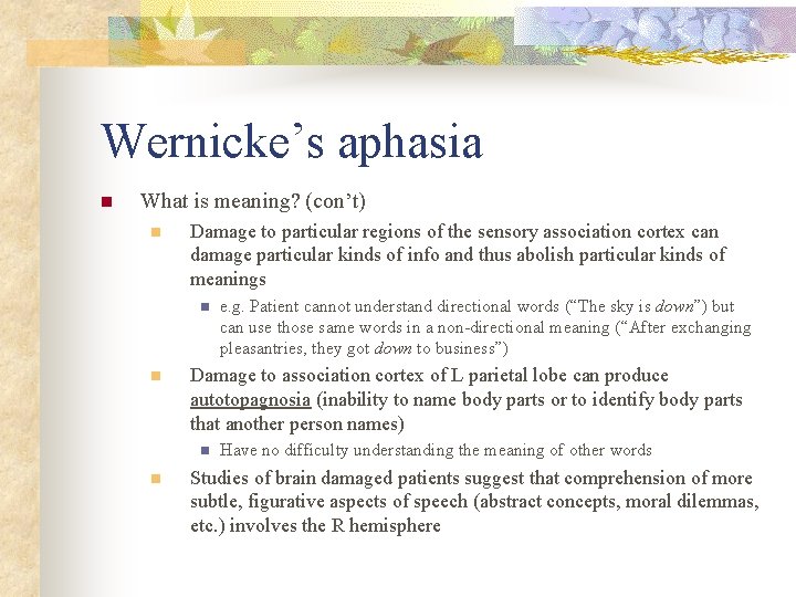 Wernicke’s aphasia n What is meaning? (con’t) n Damage to particular regions of the