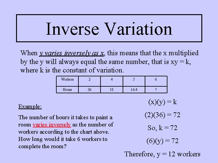 Inverse Variation When y varies inversely as x, this means that the x multiplied Inverse Variation When y varies inversely as x, this means that the x multiplied