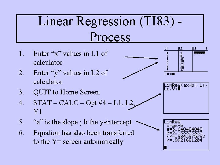 Linear Regression (TI 83) Process 1. 2. 3. 4. 5. 6. Enter “x” values Linear Regression (TI 83) Process 1. 2. 3. 4. 5. 6. Enter “x” values