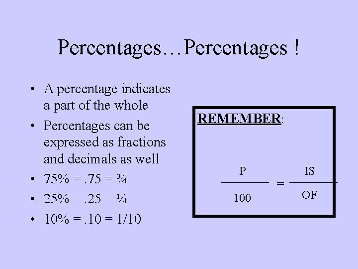 Percentages…Percentages ! • A percentage indicates a part of the whole • Percentages can Percentages…Percentages ! • A percentage indicates a part of the whole • Percentages can