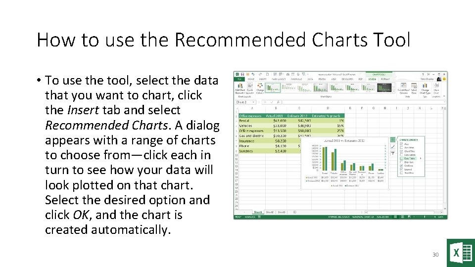 How to use the Recommended Charts Tool • To use the tool, select the