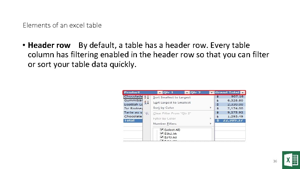 Elements of an excel table • Header row By default, a table has a