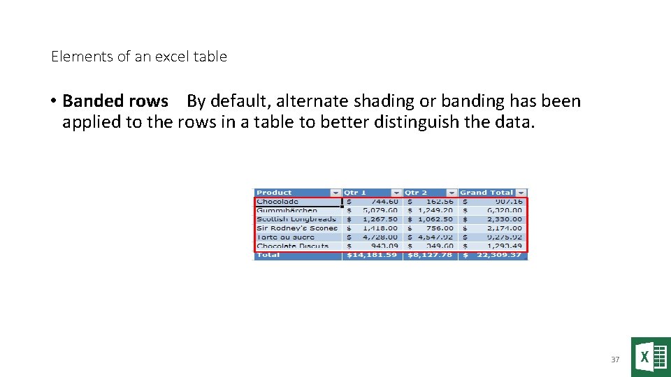 Elements of an excel table • Banded rows By default, alternate shading or banding