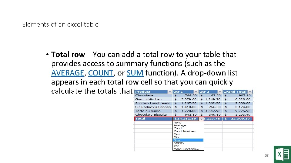 Elements of an excel table • Total row You can add a total row