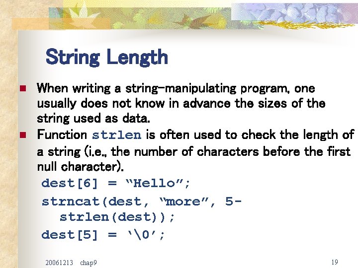 String Length n n When writing a string-manipulating program, one usually does not know