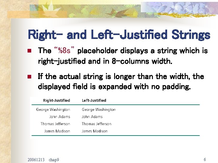 Right- and Left-Justified Strings n The “%8 s” %8 s placeholder displays a string