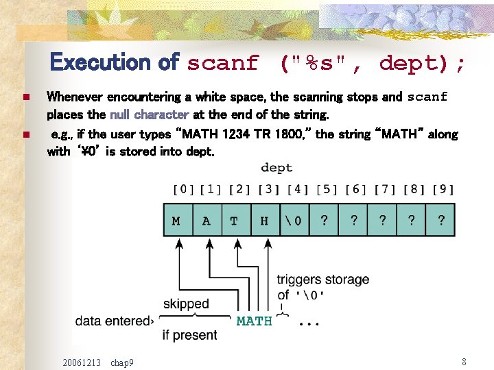 Execution of scanf ("%s", dept); n n Whenever encountering a white space, the scanning