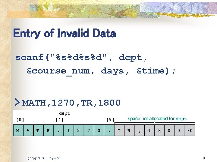 Entry of Invalid Data scanf("%s%d", dept, &course_num, days, &time); > MATH, 1270, TR, 1800