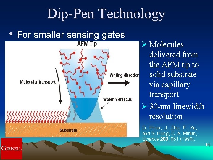 Dip-Pen Technology • For smaller sensing gates Ø Molecules delivered from the AFM tip Dip-Pen Technology • For smaller sensing gates Ø Molecules delivered from the AFM tip