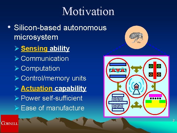 Motivation • Silicon-based autonomous microsystem Ø Sensing ability Ø Communication Ø Computation Ø Control/memory Motivation • Silicon-based autonomous microsystem Ø Sensing ability Ø Communication Ø Computation Ø Control/memory