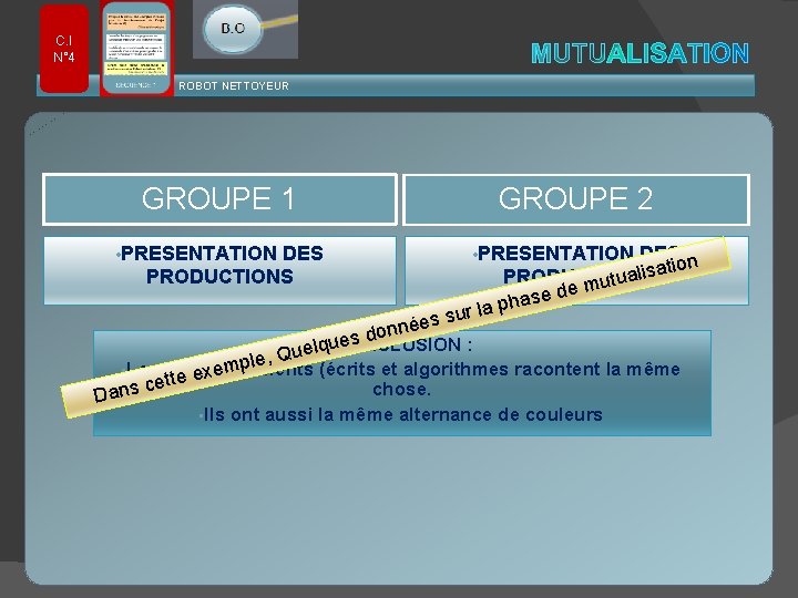 C. I N° 4 ROBOT NETTOYEUR GROUPE 1 GROUPE 2 • PRESENTATION DES PRODUCTIONS