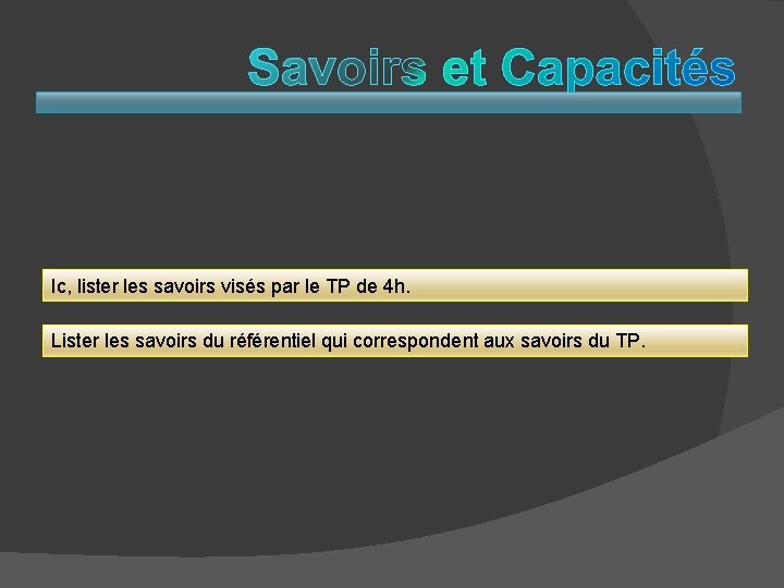 Ic, lister les savoirs visés par le TP de 4 h. Lister les savoirs