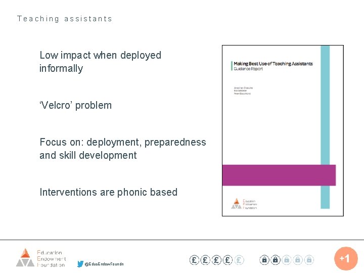 Teaching assistants Low impact when deployed informally ‘Velcro’ problem Focus on: deployment, preparedness and