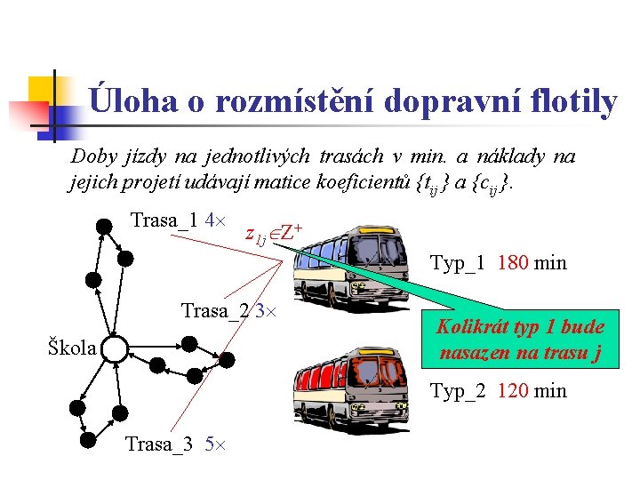 Úloha o rozmístění dopravní flotily Doby jízdy na jednotlivých trasách v min. a náklady