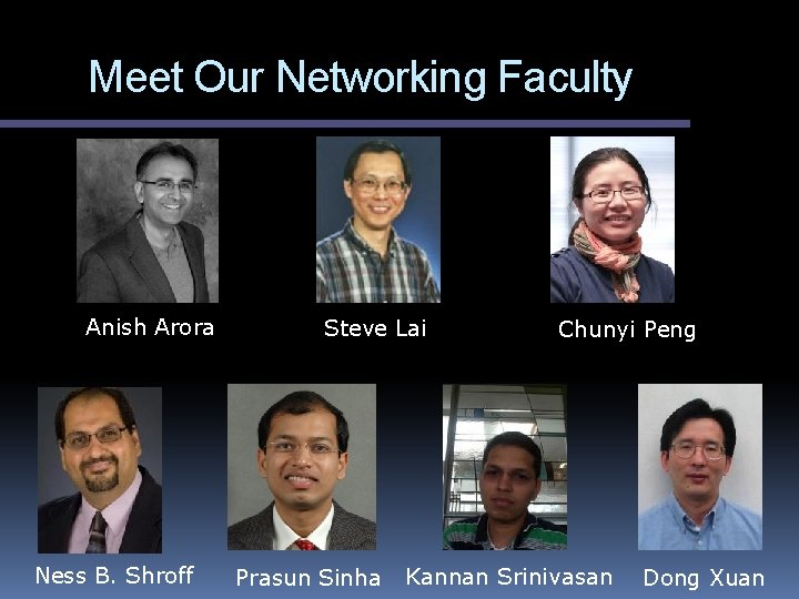 Meet Our Networking Faculty Anish Arora Ness B. Shroff Steve Lai Prasun Sinha Chunyi