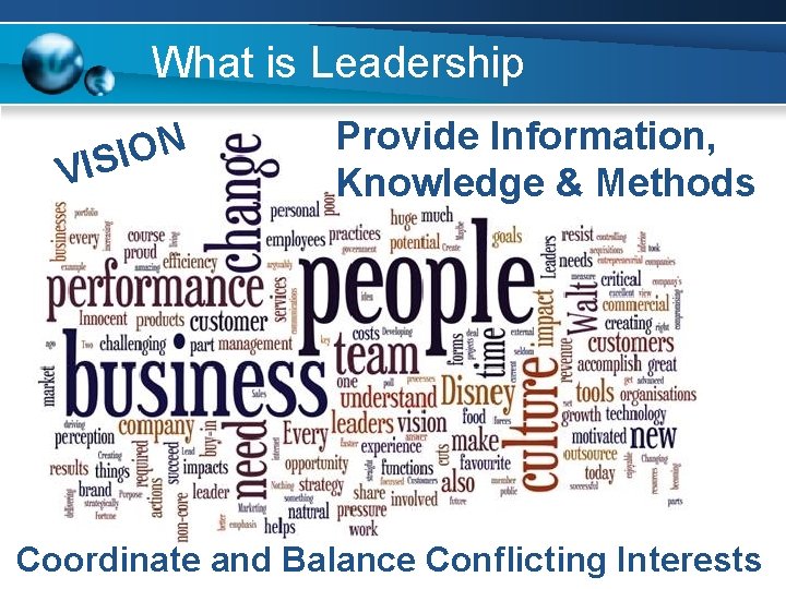 What is Leadership N O I IS V Provide Information, Knowledge & Methods Coordinate