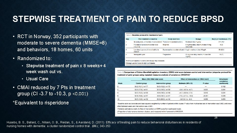 STEPWISE TREATMENT OF PAIN TO REDUCE BPSD • RCT in Norway, 352 participants with