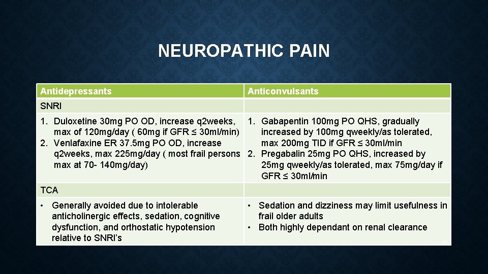 NEUROPATHIC PAIN Antidepressants Anticonvulsants SNRI 1. Duloxetine 30 mg PO OD, increase q 2