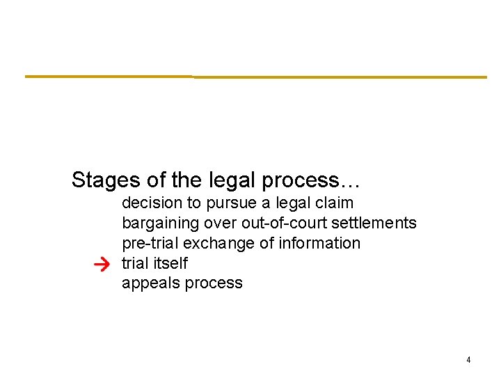 Stages of the legal process… decision to pursue a legal claim bargaining over out-of-court