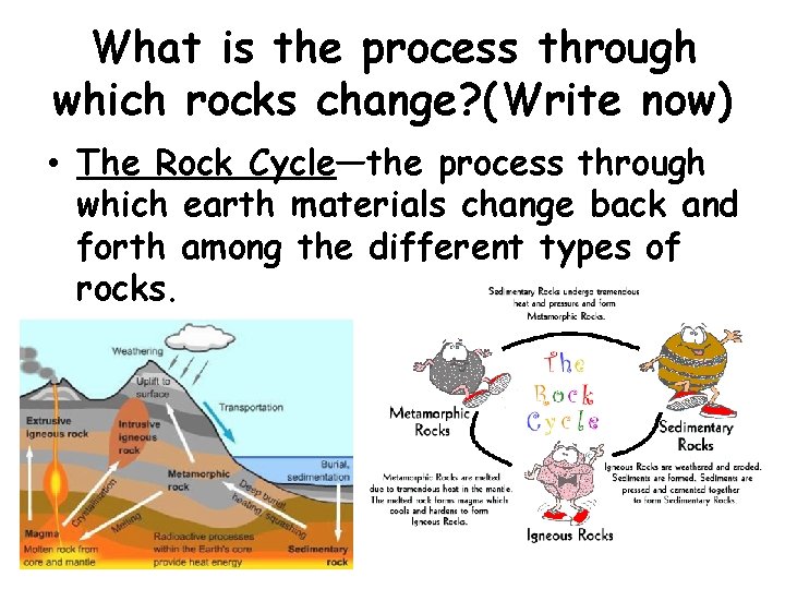 What is the process through which rocks change? (Write now) • The Rock Cycle—the What is the process through which rocks change? (Write now) • The Rock Cycle—the