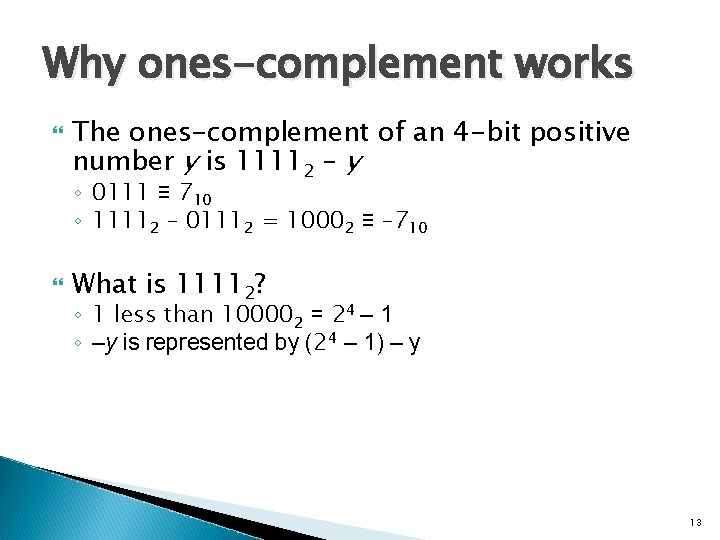 Why ones-complement works The ones-complement of an 4 -bit positive number y is 11112