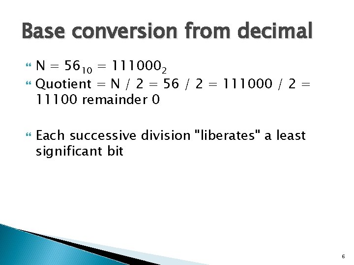 Base conversion from decimal N = 5610 = 1110002 Quotient = N / 2