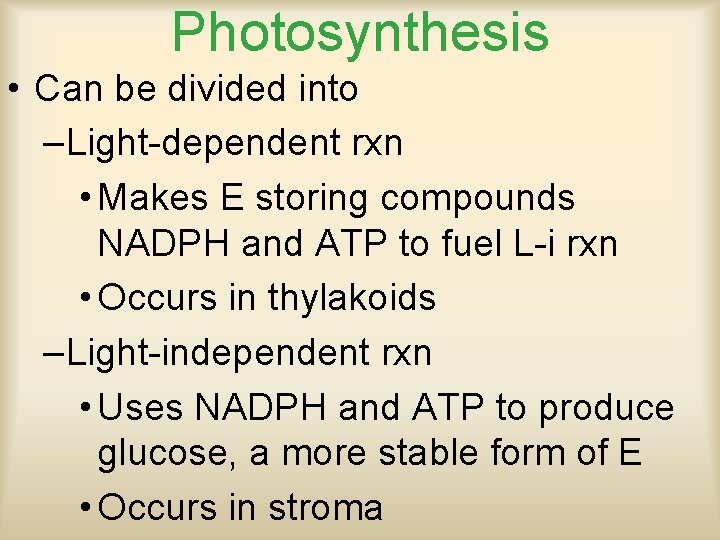 Photosynthesis • Can be divided into –Light-dependent rxn • Makes E storing compounds NADPH