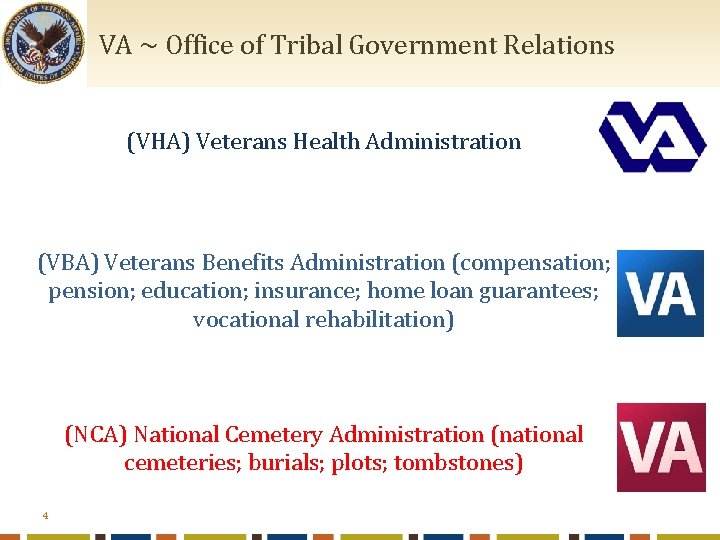  VA ~ Office of Tribal Government Relations (VHA) Veterans Health Administration (VBA) Veterans