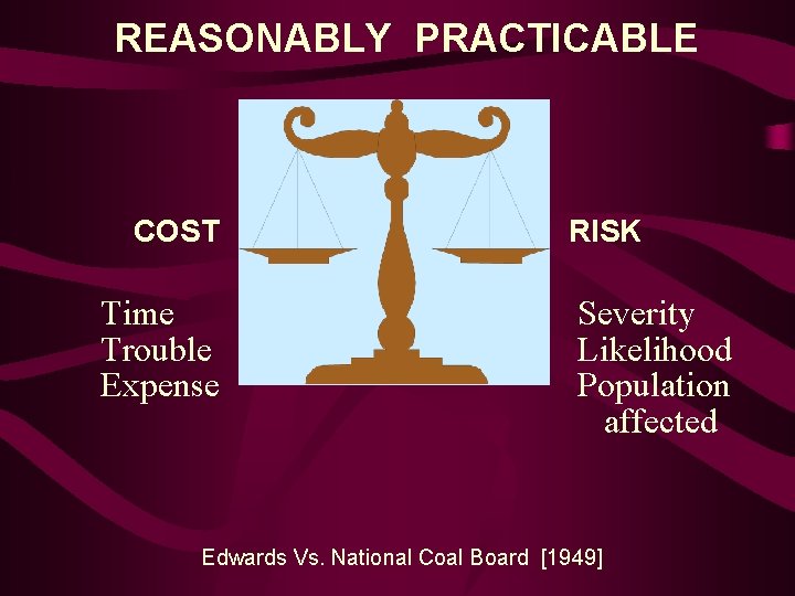 REASONABLY PRACTICABLE COST Time Trouble Expense RISK Severity Likelihood Population affected Edwards Vs. National