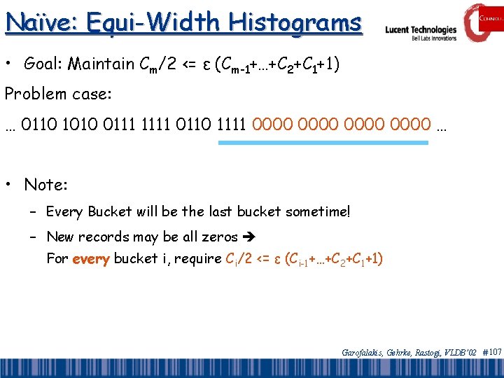 Naïve: Equi-Width Histograms • Goal: Maintain Cm/2 <= ε (Cm-1+…+C 2+C 1+1) Problem case: