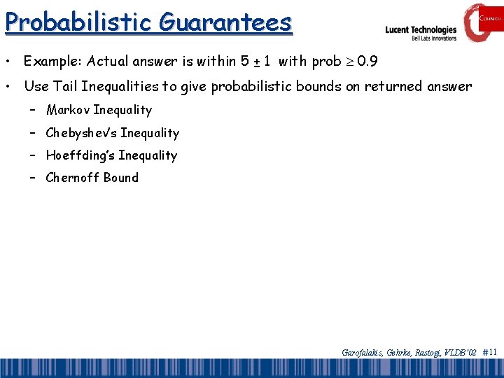 Probabilistic Guarantees • Example: Actual answer is within 5 ± 1 with prob 0.