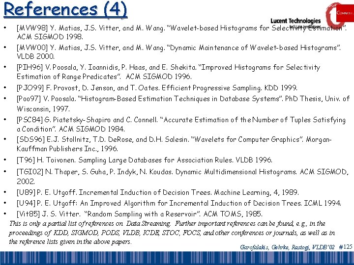 References (4) • [MVW 98] Y. Matias, J. S. Vitter, and M. Wang. “Wavelet-based