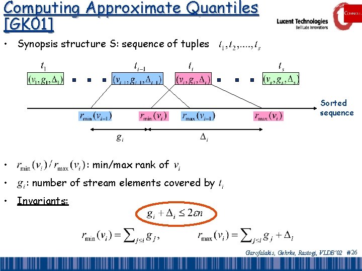 Computing Approximate Quantiles [GK 01] • Synopsis structure S: sequence of tuples Sorted sequence