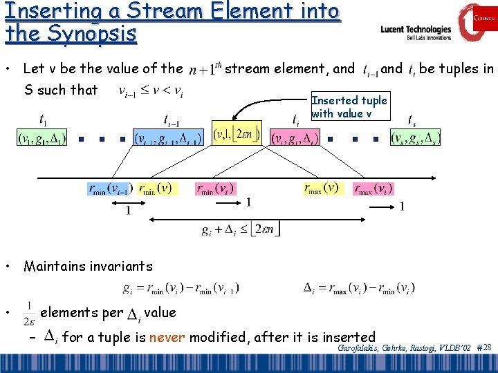 Inserting a Stream Element into the Synopsis • Let v be the value of