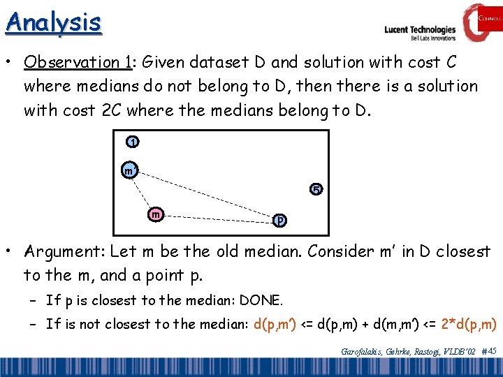 Analysis • Observation 1: Given dataset D and solution with cost C where medians